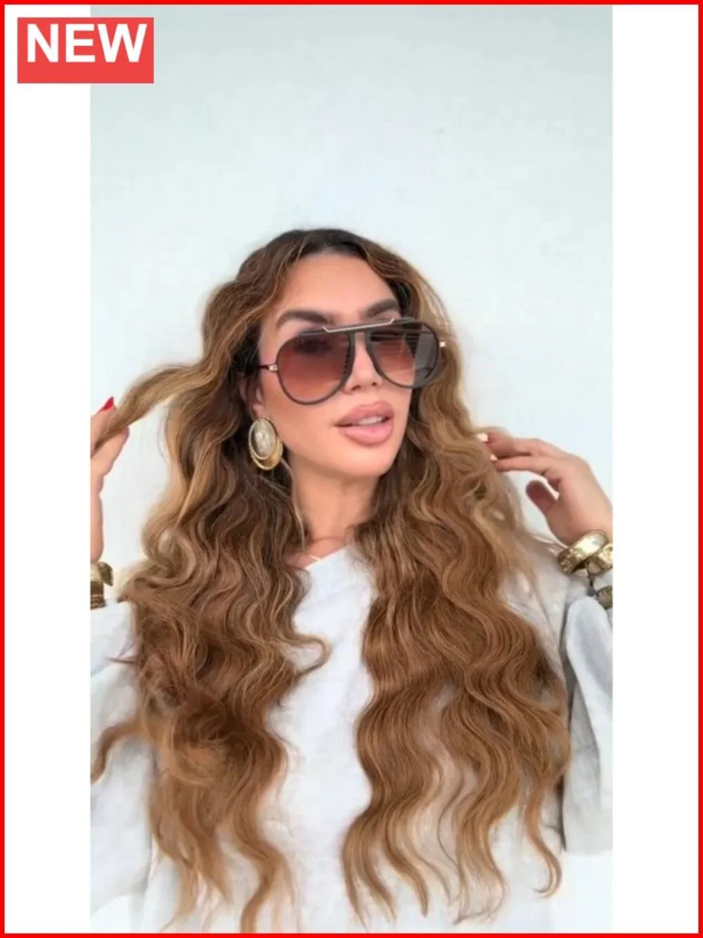 Retro 70s Oversized Aviator Sunglasses Gold Metal Tangle-Free UV400